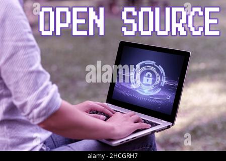 Conceptual caption Open Source. Word for contains the source code that can be modified and enhanced Woman Sitting With Latop Alone In The Park Stock Photo