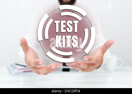 Hand writing sign Test Kits. Conceptual photo tools used to detect the presence of something in the body Presenting Communication Technology Stock Photo