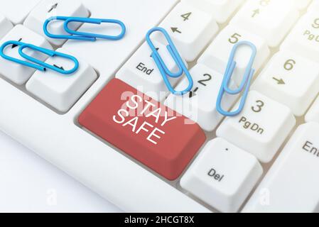 Handwriting text Stay Safe. Business idea secure from threat of danger, harm or place to keep articles Typing Product Ingredients, Abstract Presenting Stock Photo