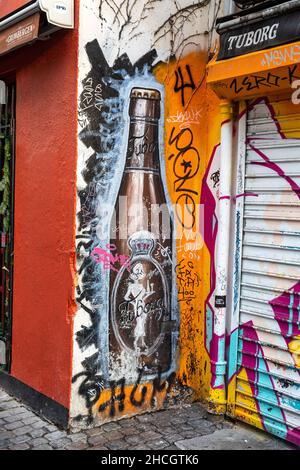 Tuborg beer bottle graffiti or mural advert next to Floss Bar on Larsbjørnsstræde in Copenhagen, Denmark Photo - Alamy