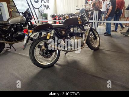 Avellaneda, Argentina - Dec 5, 2021 - shot of a Royal Enfield Continental GT 650 Twin Indian cafe racer motorcycle. Expo Wheels 2021 motorbikes show. Stock Photo