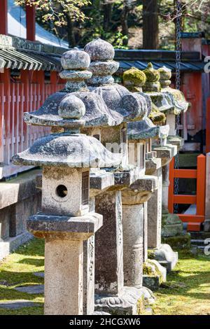 Row of sunlit Kasuga-doro type stone lanterns, toro, with a vermilion wll behind, along sando, on the approach to Tamukeyama shrine in Nara, Japan. Stock Photo