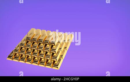 Stacks of Gold bars on violet background - 3d rendering