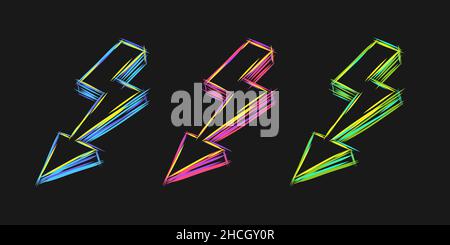 Lightning bolt neon line sketck illustration set in different colors Stock Vector