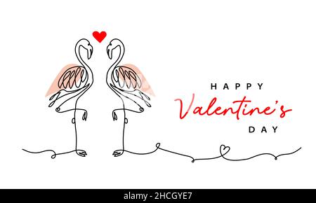 Valentines day vector card with couple of flamingos. One continuous line art drawing of love for background, banner, poster for Valentine s day Stock Vector