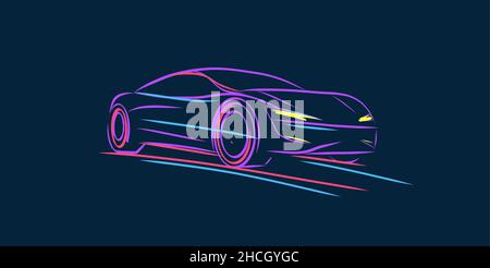 Dynamic Car silhouette in lines illustration. Bright neon lines of blue and purple on dark background Stock Vector