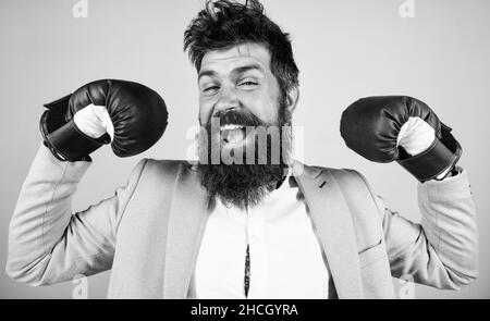 I am the champion. Bearded man in boxing stance. Fighting for success in sport and business. Businessman in formal wear and boxing gloves. Sport Stock Photo