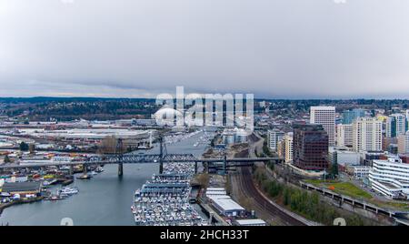 Aerial view of the Tacoma, Washington waterfront in December Stock Photo