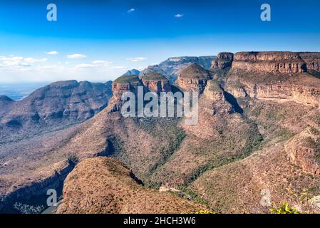 The Three Rondavels in Blyde River Canyon, South Africa. They are three round, grass-covered mountain tops with somewhat pointed peaks Stock Photo