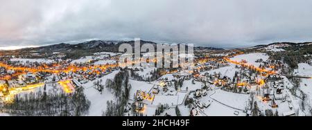 Panoramic View of Zakopane and Giewont Mount from Drone in Winter. Stock Photo