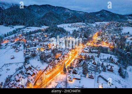 Winter in Zakopane, Drone View with Giewont Mount. Stock Photo