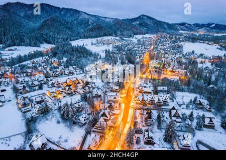 Winter Wonderland in Zakopane Town. Drone View. Stock Photo