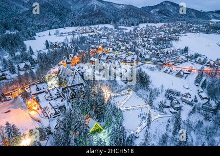 Winter Wonderland in Zakopane Town. Drone View. Stock Photo