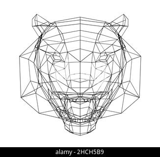 Wireframe low poly tiger head in full face, sketch tiger, 3d rendering Stock Photo