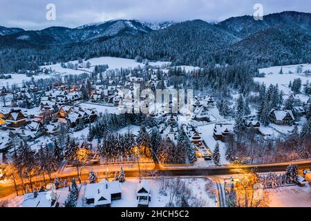 Panoramic View of Zakopane and Giewont Mount from Drone in Winter. Stock Photo