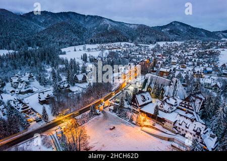 Winter in Zakopane, Drone View with Giewont Mount. Stock Photo