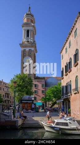 Tower of the Chiesa Cattolica Parrocchiale dei Santi Apostoli, Venice, Province of Venice, Italy Stock Photo