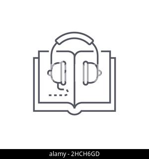 Listen to audiobooks - modern black line design style icon on white background. Neat detailed image of opened book and headphones. Modern way to study Stock Vector
