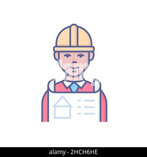 Male engineer - modern colored line design style icon on white background. Neat detailed image of construction worker. Modern professions idea. Smilin Stock Vector