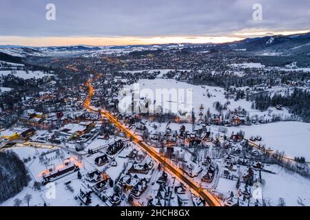 Famous Zakopane and Giewon Mount in Poland At Winter. Drone View. Stock Photo