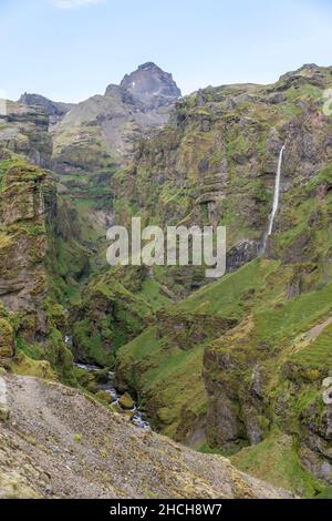 Hangandifoss Waterfall in Mulagljufur Canyon, Sudurland, Iceland Stock