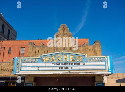Morgantown, WV - 9 March 2020: Marquee sign of famous 1931 Warner Bros cinema ready for restoration in downtown Morgantown Stock Photo