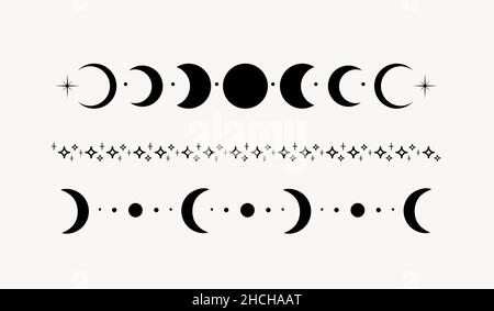 Set of line art mystical esoteric black crescent moon and stars dividers. Celestial mystic boho style astrology border, witchcraft symbol. Vector illu Stock Vector