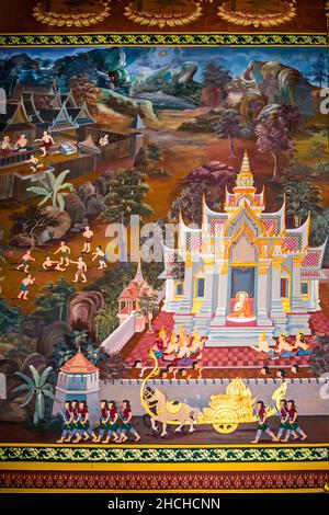 Paintings of village scenes with Buddha in Thailand, Wat bang riang, Thub Pat/ Paintings, Wat bang riang, Thub Pat, Phang Nga, Thailand Stock Photo