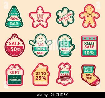 Christmas stickers. Christams tree, snowman, mitten and other christmas attributes vector illustration.. Icon set Stock Vector