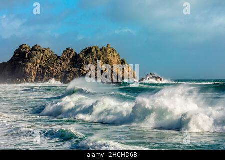 Porthcurno; Logan Rock; Cornwall; UK Stock Photo