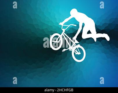 BMX bicyclist silhouette on the blue abstract background - vector Stock Vector