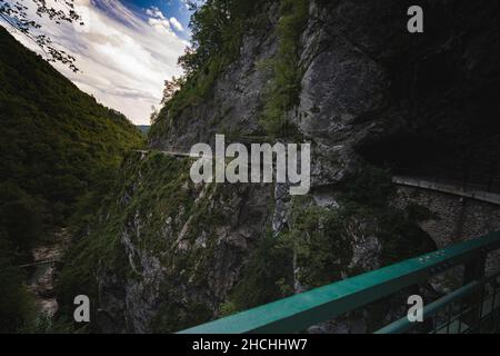 Beautiful view of mountain gorge from devil's bridge in Triglav National Park,Slovenia Stock Photo