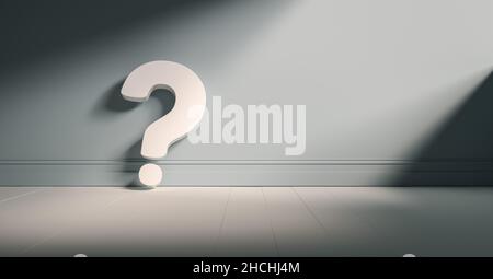 Question mark on blue background wall, empty room, banner, space for text. Stock Photo