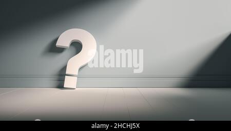 Question mark on light blue background wall, empty room, banner, space for text. Stock Photo