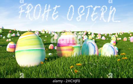 German slogan "Frohe Ostern!" (Happy Easter) greeting with many colorful eggs on a meadow Stock Photo