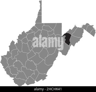 Black highlighted location map of the Grant County inside gray administrative map of the Federal State of West Virginia, USA Stock Vector
