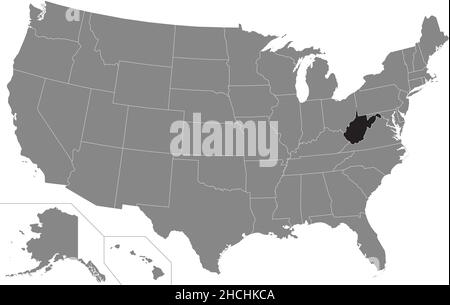 Black highlighted location administrative map of the US Federal State of West Virginia inside gray map of the United States of America Stock Vector