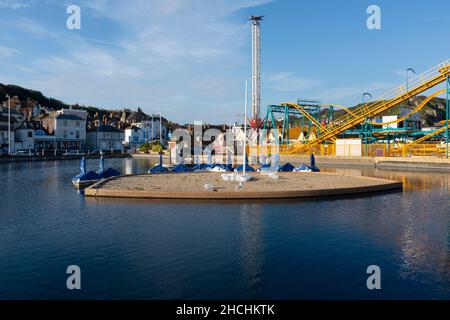 Island in amusement park at Hastings seafront. Stock Photo