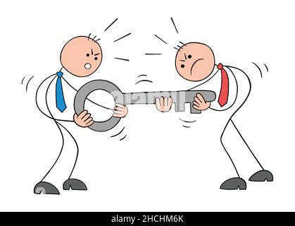 Two stickmen businessmen so angry and fighting for the key. Hand drawn outline cartoon vector illustration. Stock Vector