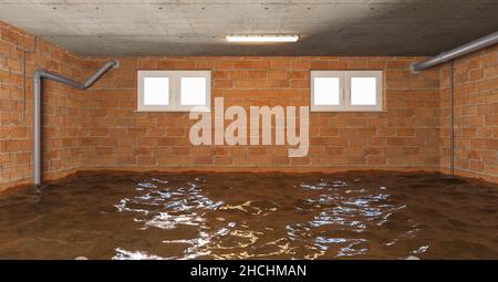 New basement under construction under water or flooding with with hollow blocks wall Stock Photo