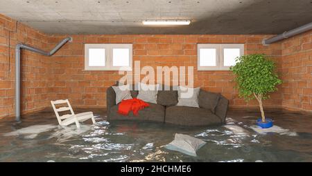 Water damager after flooding in basement with floating sofa and furniture Stock Photo