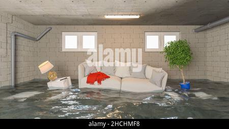 Water damager after flooding in basement with furniture floating Stock Photo