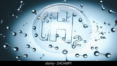 H2 Hydrogen gas pump symbol in a bubble in liquid with molecules Stock Photo