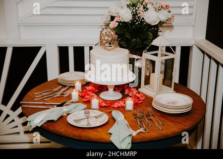 Wedding cake table set up Stock Photo