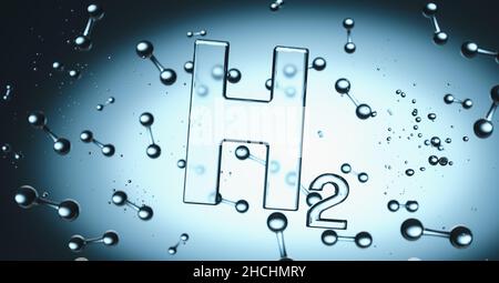 Hydrogen H2 gas pump Symbol with hydrogen molecules floating in liquiq - clean energy concept image Stock Photo