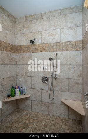 Upscale tiled shower in an America house Stock Photo
