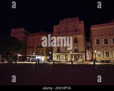 Beautiful night view of historic buildings in old district Monaco-Ville at Place du Palais in Principality of Monaco at the French Riviera. Stock Photo