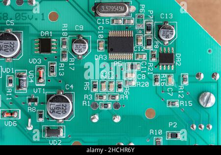 Top view of an electronics circuit board with details. Close up. Stock Photo