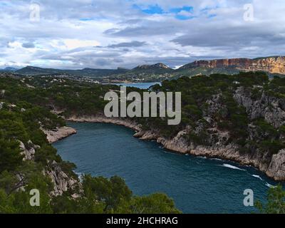 Panoramic view over popular bay Calanque de Port Pin near Cassis, French Riviera at the mediterranean sea in Calanques National Park with pine trees. Stock Photo