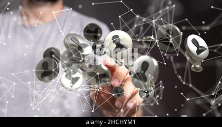 And communications thematic background with floating digital icons in front of hands Stock Photo
